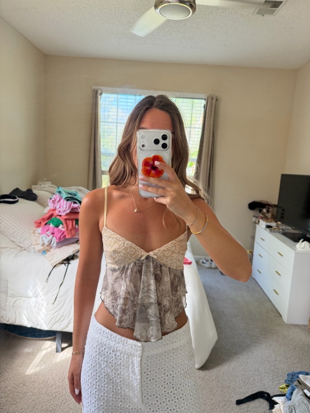 Tiger Mist Beige and Taupe Lace-Trim Floral Camisole
